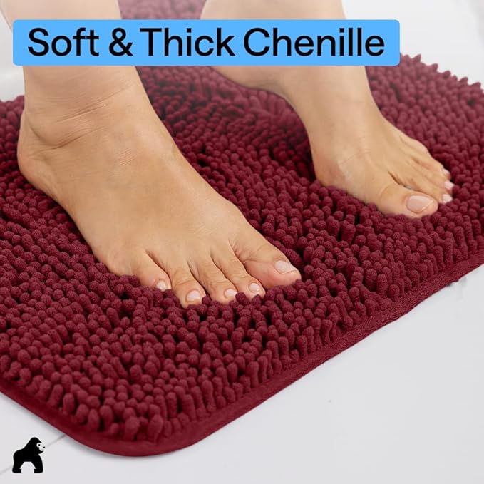 GORILLA GRIP Bath Rug Mat 48x24, Soft Absorbent Chenille, Quick Dry Microfiber Mats, Rubber Backing Washable Shower Floor Rugs, Bathmat Runner, US Designed Bathroom Home Decor Accessories Burgundy