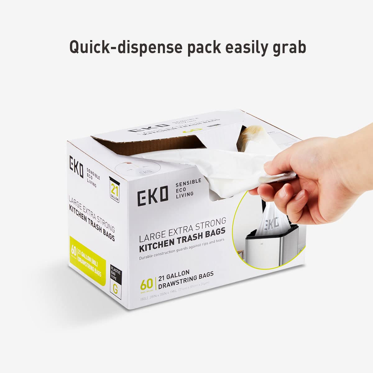 EKO 80 Liter Motion Sensor Trash Can Starter Set - Includes Mirage-X 80 Liter Automatic Touchless Trash Can Plus 60-Count of 21 Gallon Extra-Strong Drawstring Trash Bags