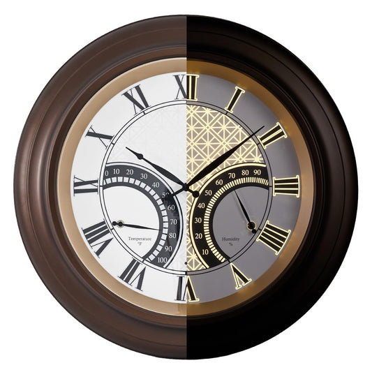 ANDY STAR 24 Inch Outdoor Clocks Waterproof,Large Outdoor Wall Clocks for Patio with Thermometer Combo, Silent Weatherproof Illuminated Metal Clock Battery Operated with Thermometer&Hygrometer, Bronze