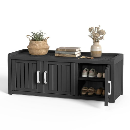 DRATO Outdoor Shoe Storage Cabinet, Waterproof Resin Shoe Storage Bench, Large Shoes Rack Cabinet with 3 Doors for Outdoor Indoor Entryway Hallway Corner Bedroom Porch (Black, 3 Doors)