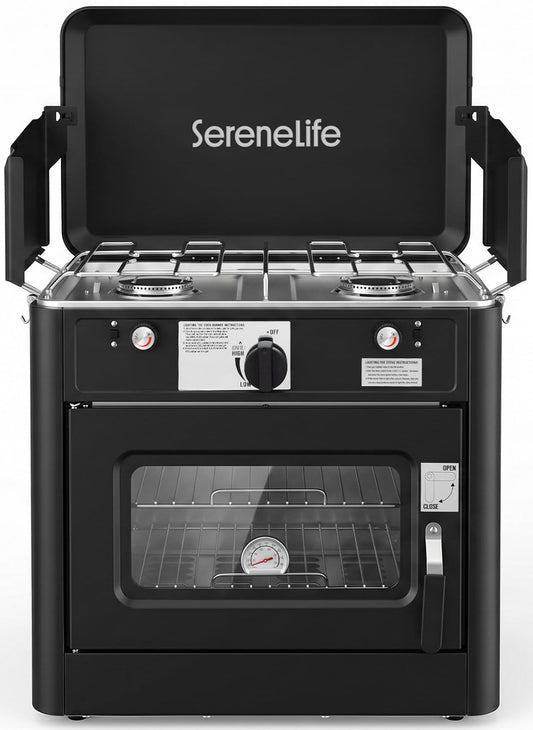 Camping Oven 3 in 1 Stove Oven Combo, Outdoor Camp Oven with 2 Burner Cooking, Piezo Ignition and Temperature Control, Compact RV, Camping and Tailgating