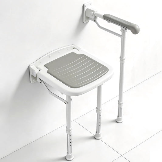Caredear Folding Shower Seat with Adjustable PU Grab Bar, 550lbs Heavy Duty Fold Down Bath Bench with Legs, Non-Slip Comfort Grip and Removable Cushion, Wall Mounted Chairs for Seniors