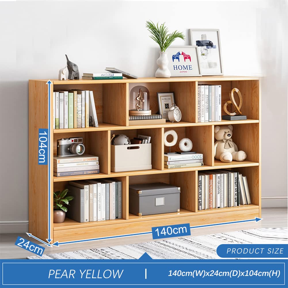 IOTXY Open Shelf Low Bookcase - Wooden 3-Tier Floor Standing Display Cabinet Organizer with Base, 10 Cubes Short Horizontal Bookshelf in Pear Yellow