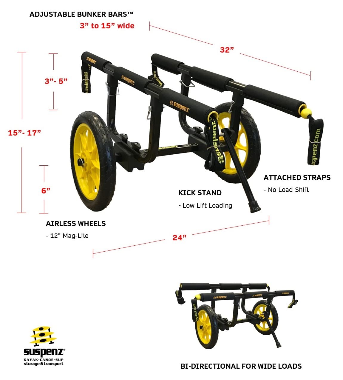 Suspenz Fishing Kayak Cart Trolley | Heavy Duty Canoe Carrier Trailer with Adjustable Bi-Directional Bunker Bars and Airless Wheels | Catch-All Universal Airless Cart (22-9909)