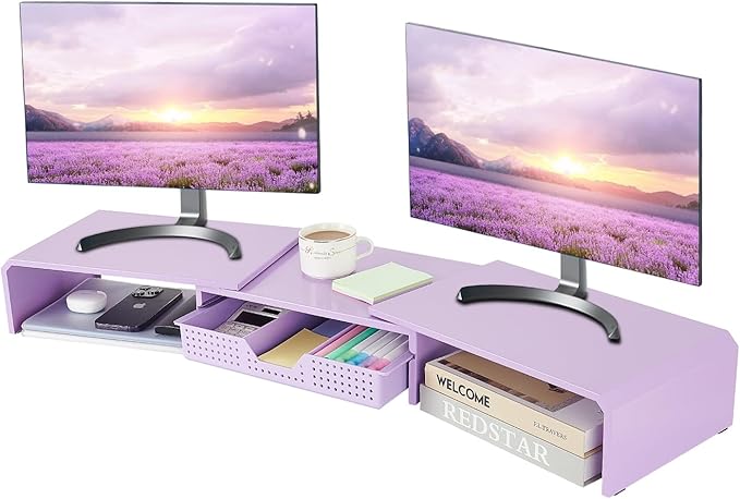 Dual Monitor Stand Riser with Drawer, Desk Organizer and Accessories, Metal Laptop Stand for Desk, Workspace Desktop Stand for Computer, Laptop, TV and More (Purple)