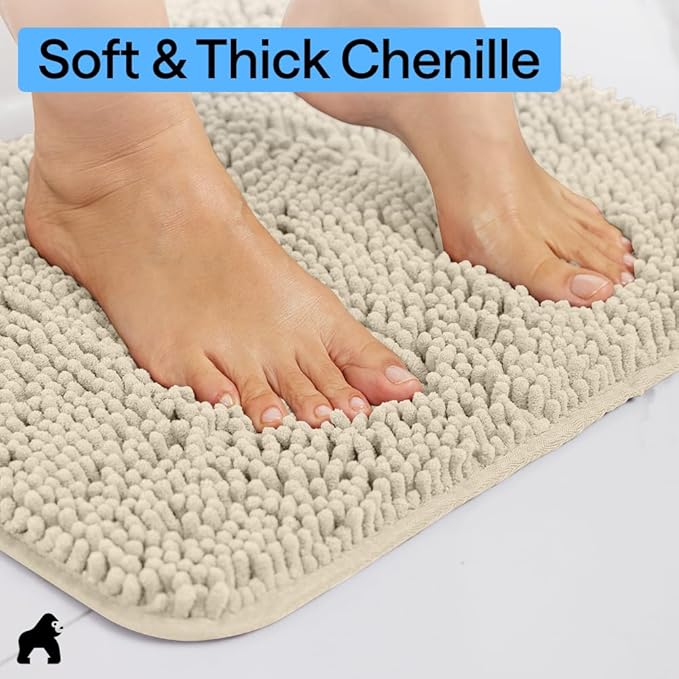 GORILLA GRIP Bath Rug Mat 30x20, Thick Soft Absorbent Chenille, Quick Dry Microfiber Mats, Rubber Backing Washable Shower Floor Rugs, US Designed Bathroom Bathmat Home Decor Accessories, Sand