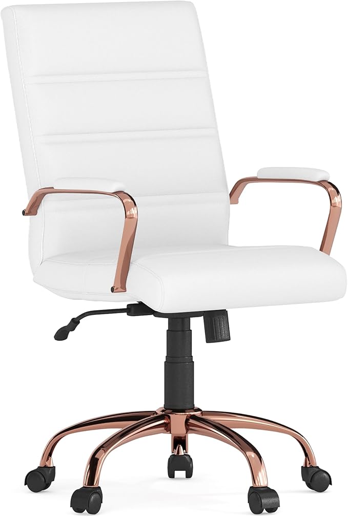 Flash Furniture Whitney Mid-Back Swivel LeatherSoft Desk Chair with Padded Seat and Armrests, Adjustable Height Padded LeatherSoft Office Chair, White/Rose Gold