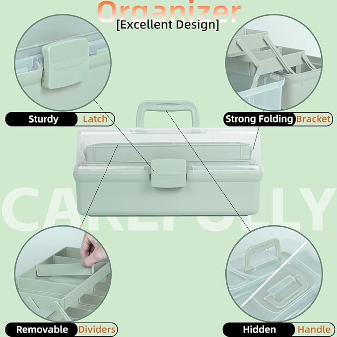 12.5in 3-Layer Multipurpose Craft Organizers and Storage with Adjustable Dividers, Portable Tackle Box, Folding Art & Craft Case for Medicine, Tool, Sewing Organizer (Haze Green)