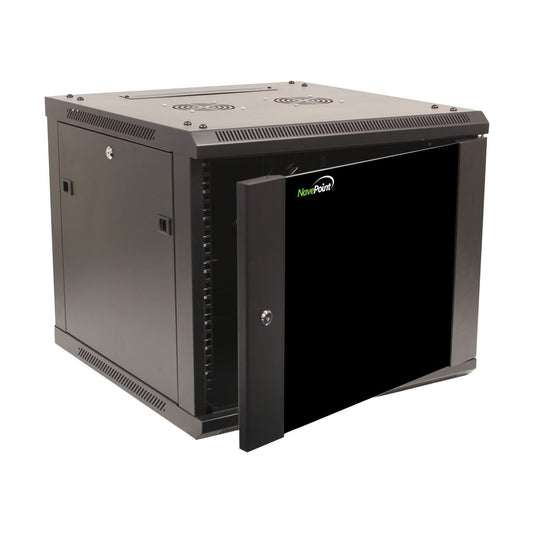 NavePoint 9U Server Cabinet Wall Mount Rack Enclosure Includes 2 Fans, Locking Glass Door, Removable Side Panels – 9U Network Cabinet 23.6” Deep, 19 Inch Server Rack for IT and A/V Equipment