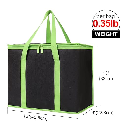 Bodaon 3-Pack Insulated Pizza Delivery Bags, X-Large Reusable Grocery Shopping Bags, Black with Green Edge
