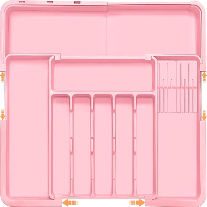 Homecor Silverware Organizer - Expandable Large Kitchen Drawer Organizer Utensil Organizer with 2 Knife Block Inserts, 22"x 19"Cutlery Tray with Drawer Dividers for Kitchen Flatware (Pink)