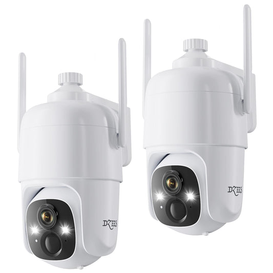 Dzees 360° PTZ Security Cameras Wireless Outdoor WiFi, 2K Battery Powered Home Security Camera Indoor, Spotlight & Siren, Color Night Vision, 2-Way Talk, AI Motion Detection, IP66 2-Pack