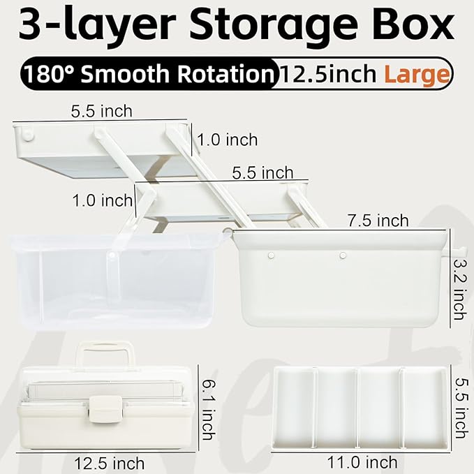 12.5in 3-Layer Multipurpose Craft Organizers and Storage with Adjustable Dividers, Portable Tackle Box, Folding Art & Craft Case for Medicine, Tool, Sewing Organizer (White)