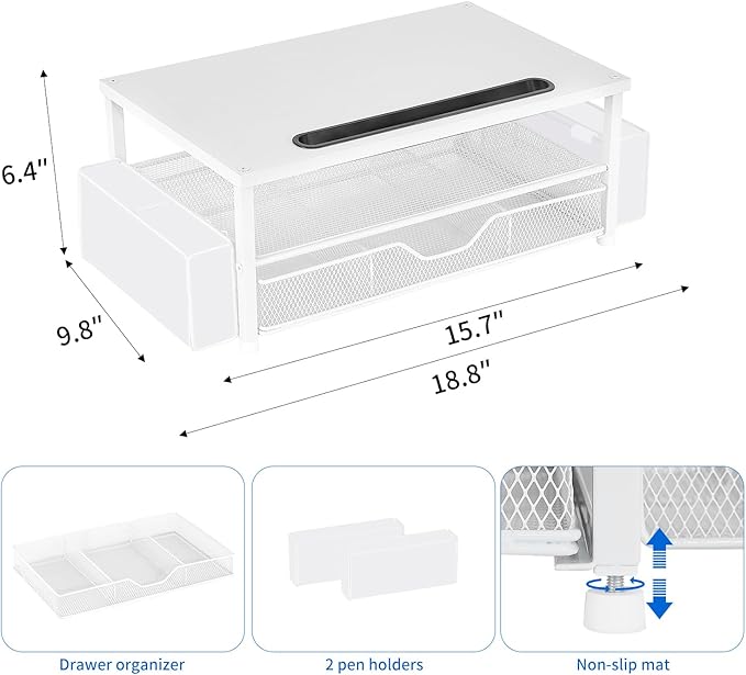 AUPSEN White Monitor Stand Riser, 2-Tier Wood Computer Desk Organizer with Drawer, Pen Storage & Phone Holder, Office Desk Accessories Desktop Organizer for Office Supplies