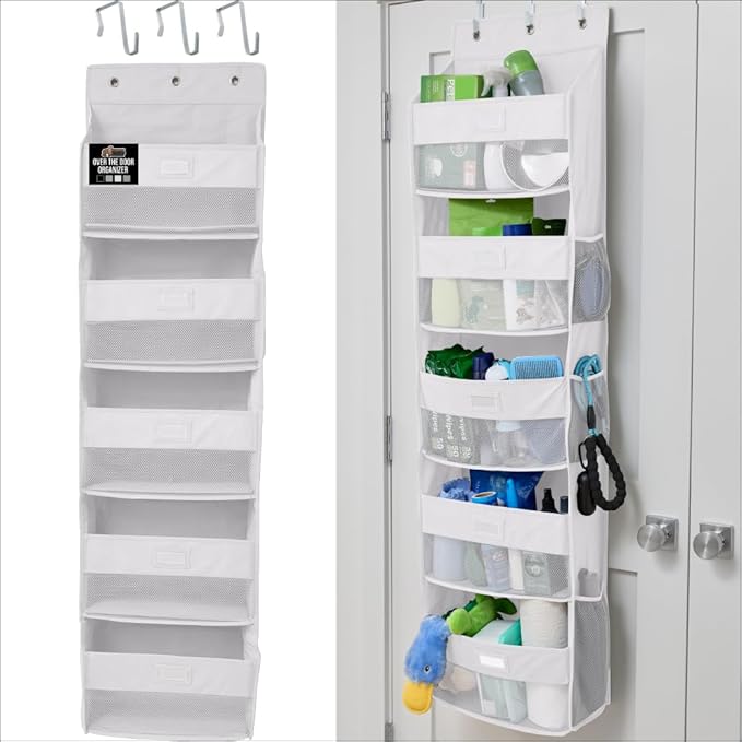 GORILLA GRIP Over The Door Organizer Storage, 5 Deep Hanging Shelves, Holds 50lbs, Closet Organizers Shelf for Bedroom, Shoes, Bathroom, Nursery, Dorm Essentials, 3 Metal Hooks, 58x15 Inches, White