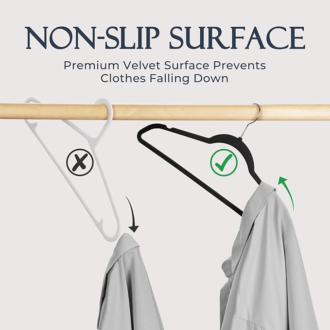 HOUSE DAY Premium Velvet Hangers, Non-Slip Thin Flocked Felt Hangers, Sturdy Clothes Hangers Heavy Duty Coat Hangers & Suit Hangers, Durable Suit Hangers for Closet Space Saving (20 Pack, Black)