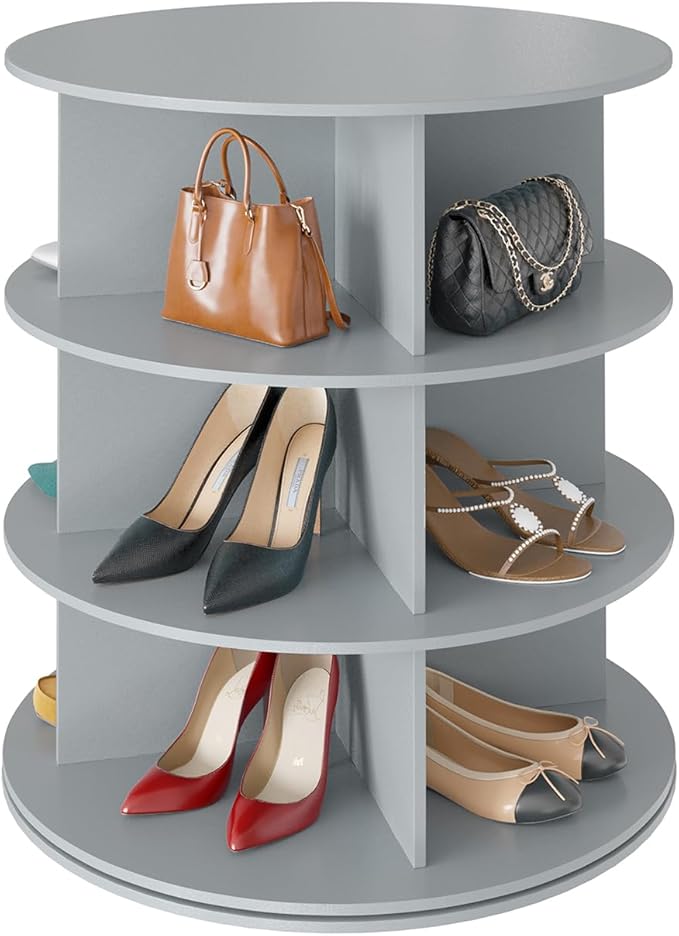 SpaceAid 3 Tier Rotating Shoe Rack Tower, Spinning Shoe Display Lazy Susan, Revolving 360 Shoe Rack Storage Round Carousel, Vertical Handbag Rotate Shoes Closet Organization (3-Tier Gray)