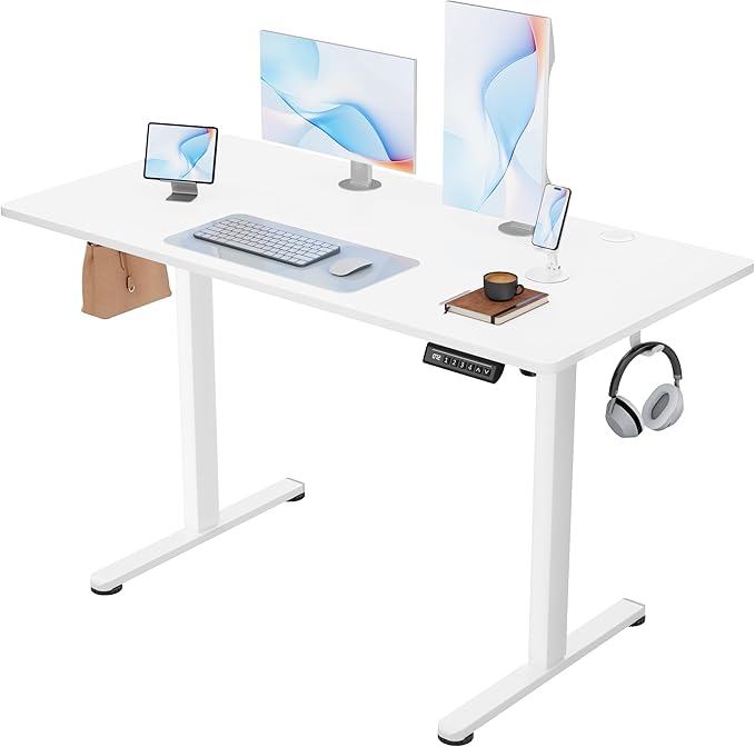 Furmax Electric Standing Desk, 45 x 24 Inches Sit Stand up Desk, Sit Stand Height Adjustable Home Office Desk with 4 Height Position Memory - with Splice Board (White, 45)