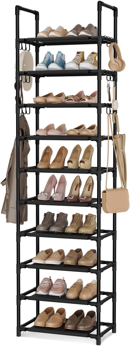 VTRIN 10 Tiers Tall Shoe Rack Holds 20-25 Pairs of Shoes Sturdy Vertical Shoe Organizer with 18pcs Hooks Stackable Narrow Shoe Rack for Closet, Entryway Black