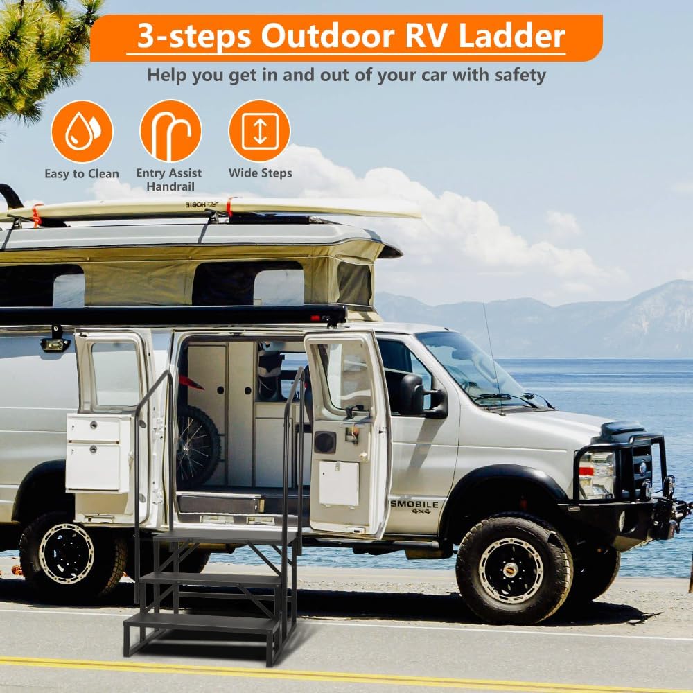 LUCKUP 3 Step RV Stairs with Handrails- Non Slip Hot Tub Steps Portable Mobile Home Stairs for RV, Travel Trailer, Camper Outdoor (Black)