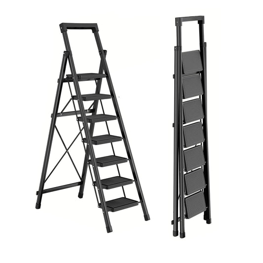 7 Step Ladder with Platform, Folding Step Stool Heavy Duty, Portable Step Ladders with Anti-Slip Widen Pedals, Handrail, Safe-Lock Design, Tall Kitchen/Closet Step Ladder for Adults,Carbon Steel