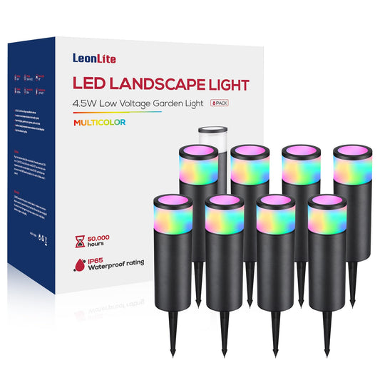 LEONLITE 8-Pack 4.5W LED Landscape Bollard Path Lighting, RGB Low Voltage Landscape Lights, 7 Color Selectable, Outdoor Pathway Light, Die-Cast Aluminum Housing