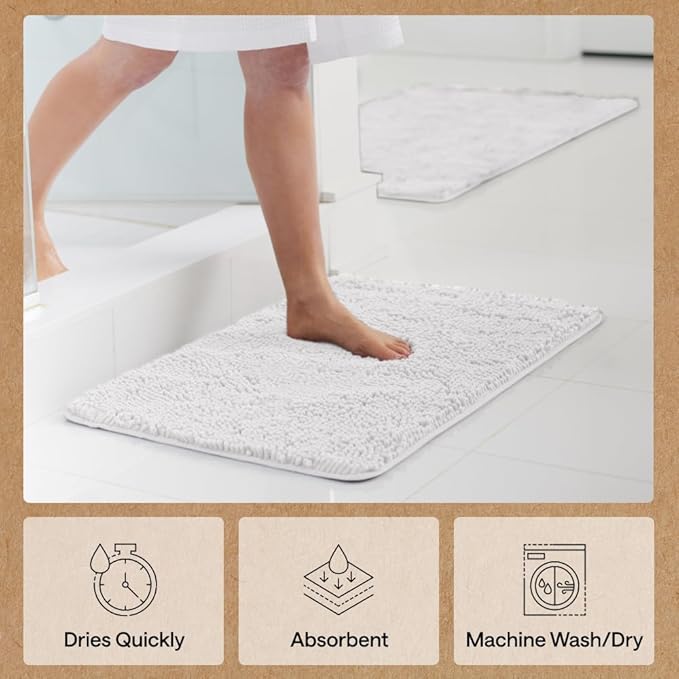 GORILLA GRIP Bath Rug Mat 44x26, Thick Soft Absorbent Chenille, Quick Dry Microfiber Mats, Rubber Backing Washable Shower Floor Rugs, Bathmat Runner, US Designed Bathroom Home Decor Accessories White