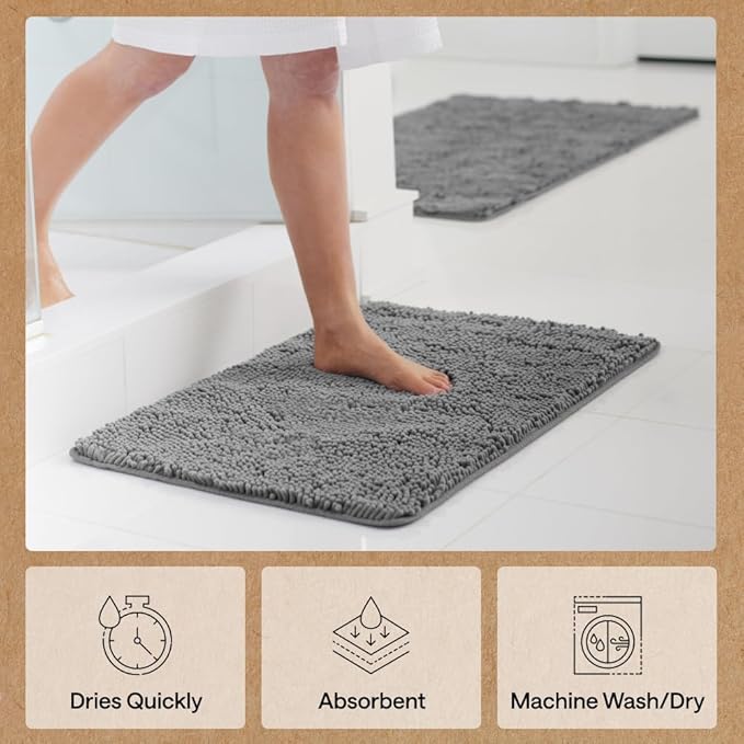 GORILLA GRIP Bath Rug Mat, Thick Soft Absorbent Chenille, Quick Dry Microfiber Mats, Rubber Backing Washable Shower Floor Rugs, US Designed Bathroom Bathmat Home Decor Accessories, 24x17, Grey