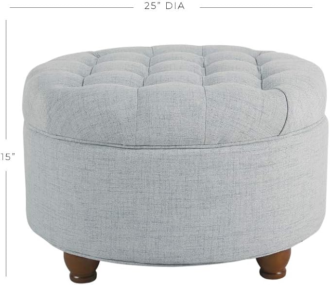 Homepop Home Decor | Button Tufted Woven Round Storage Ottoman | Ottoman with Storage for Living Room & Bedroom (Light Blue)