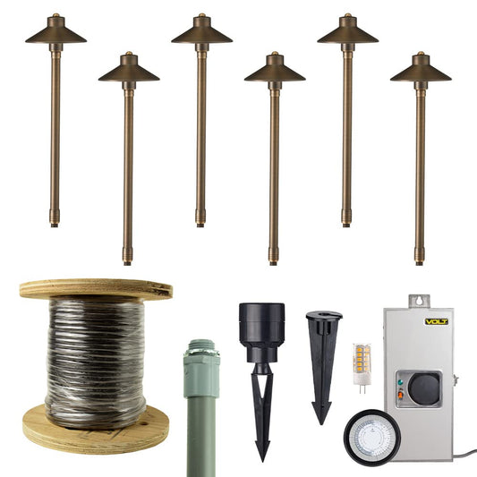VOLT Flat Hat (7" Shade, 24" Tall) 12V LED Outdoor Path Light 6-Pack Kit with 150W Low Voltage Transformer for Landscape Lighting on Outdoor Pathway, Walkway, Garden, Driveway or Patio