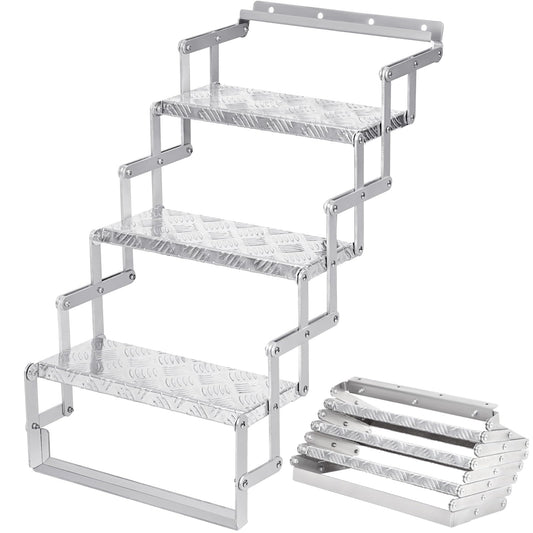 KodMtiz Aluminum Scissor Stairs, 3 Steps Outdoor RV Step Ladder, 18" Wide Camper Stair Ladder with Anti-Slip Surface, Portable Stairs for Travel Trailer, Silver