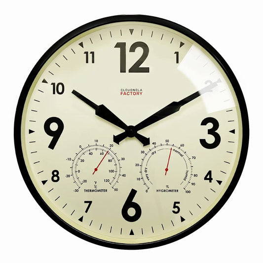 Cloudnola Indoor Outdoor Waterproof Metal Wall Clock with Thermometer and Hygrometer, Black, 18 inch Silent Non-Ticking Battery Operated Quality Quartz Round Clock for Patio and Home Decor