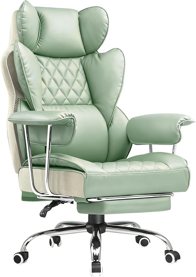COMHOMA Big and Tall Office Chair, High Back Leather Gaming Chair with Footrest, Executive Ergonomic Office Chairs with Pocket Spring Lumbar Support and with Outward Fixed Soft Armrests