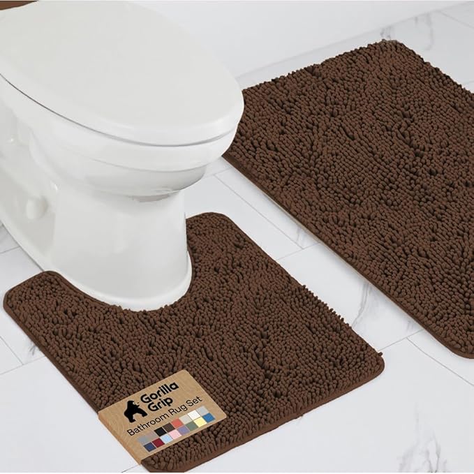 GORILLA GRIP Bathroom Rug Sets, Soft Chenille 2 Piece Area Rugs Set, Toilet Base Mat and 30x20 Carpet, Absorbent Microfiber Washable Mats Dry Quickly, Home Decor and Bath Room Accessories, Brown