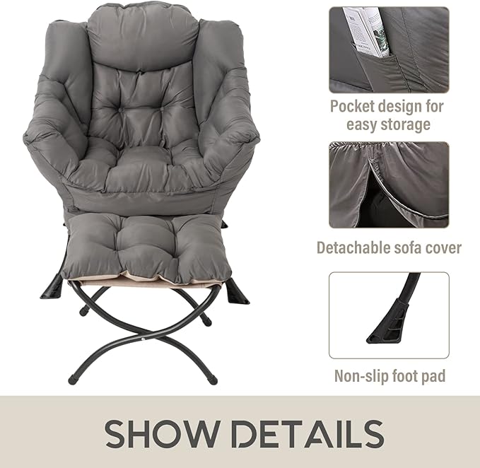 LITA Lazy Chair with Ottoman, Modern Accent Leisure Upholstered Lazy Sofa Armchair, Contemporary Lounge Reading Chair with Armrests and a Side Pocket for Living Room, Bedroom & Small Space, Dark Grey
