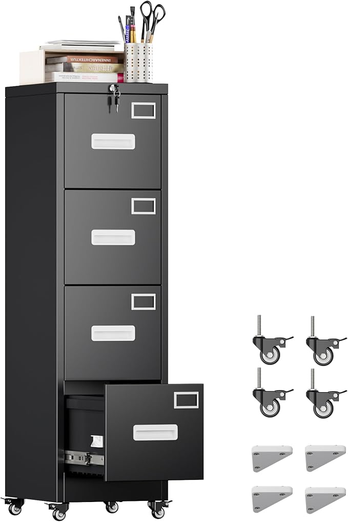 METAN 4 Drawer File Cabinet on Wheels, Lockable Metal Filing Cabinet with Handle and Name Card for Office Home,Assembly Required,Black