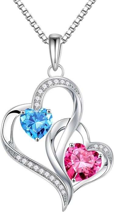 Iefil Christmas Gifts for Women - Double Heart Birthstone Necklace, 925 Sterling Silver Heart Pendant Necklace, Anniversary Birthday Gifts for Women | Personalized Jewelry Gift for Wife Mom Girlfriend