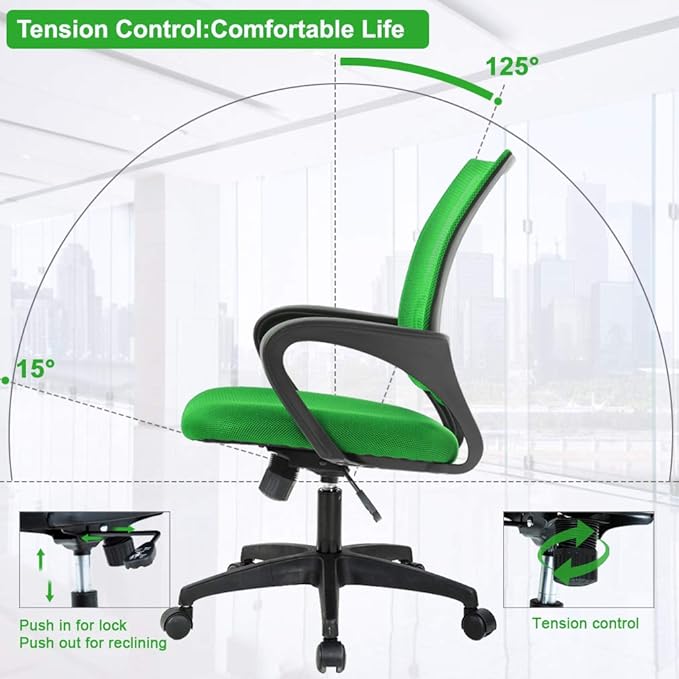 BestOffice | Ergonomic Office Chair | Mid-Back Swivel Desk Chair | Breathable Backrest & Lumbar Support | Adjustable Height | Sponge Seat | Rolling Wheels | Green | for Adults & Women
