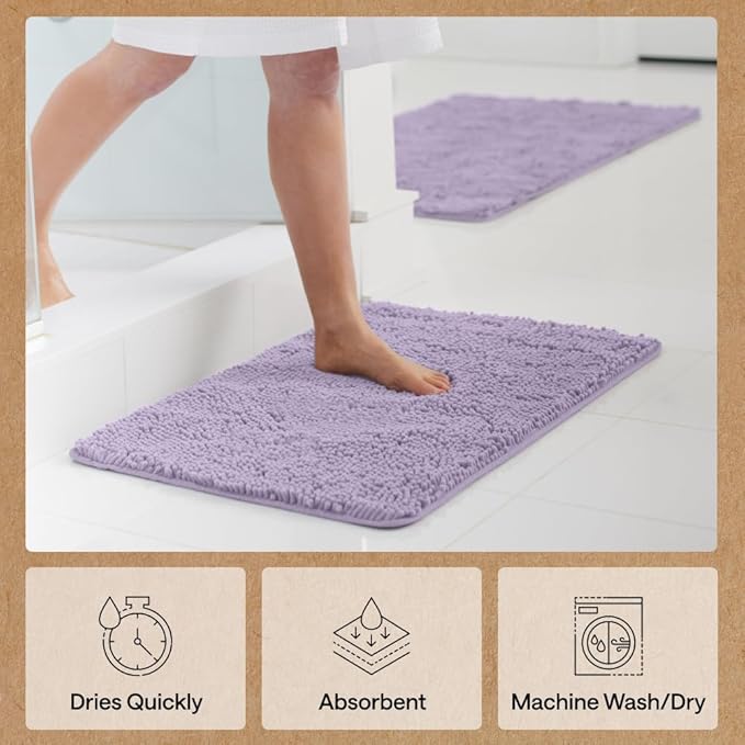 GORILLA GRIP Bath Rug Mat 44x26 Thick Soft Absorbent Chenille, Quick Dry Microfiber Mats, Rubber Backing Washable Shower Floor Rugs, Bathmat Runner Bathroom Home Decor Accessories Light Purple
