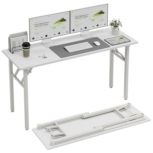 TEMI Long Computer Desk Folding Table - 55.1" Foldable Office Desk, No Assembly, Perfect Writing Table for Bedroom or Apartment, Portable Large Desk or Study Table with Compact Design, White Ash