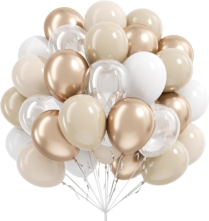 60pcs 12inch Beige White Gold Balloons, Metallic Gold Sand White Cream Beige Balloons for Engagement Wedding Baby Bridal Shower Birthday Party Decorations