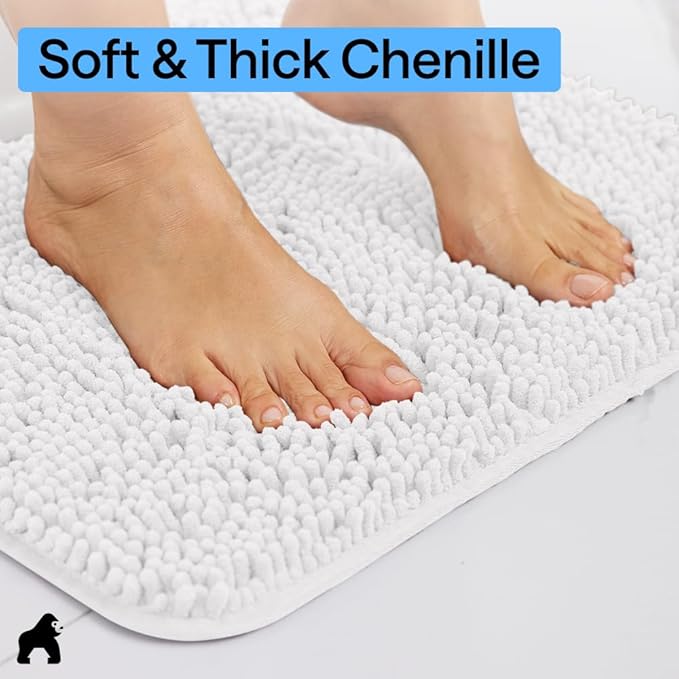 GORILLA GRIP Bath Rug Mat 44x26, Thick Soft Absorbent Chenille, Quick Dry Microfiber Mats, Rubber Backing Washable Shower Floor Rugs, Bathmat Runner, US Designed Bathroom Home Decor Accessories White