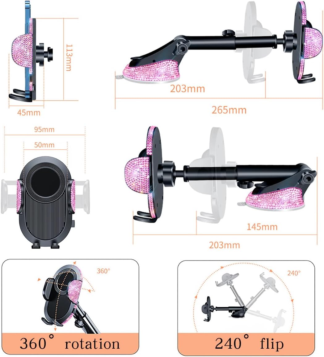 Erolagomat Bling Cell Phone Holders for Car Women[Powerful Suction] [Rally Racing-Grade Stability] Sparkle Car Phone