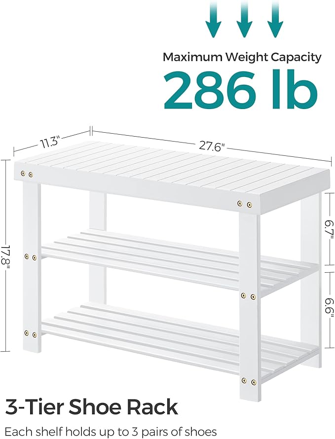 SONGMICS Shoe Rack Bench, 3-Tier Bamboo Shoe Storage Organizer, Entryway Bench, Holds Up to 286 lb, 11.3 x 27.6 x 17.8 Inches, for Entryway Bathroom Bedroom, Cloud White ULBS004W01