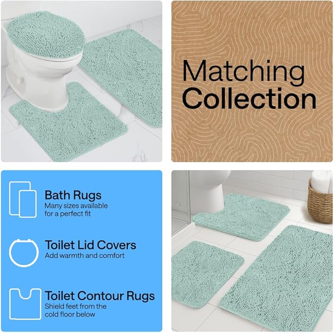GORILLA GRIP Plush Absorbent Shaggy Chenille Bath Rug Mat for Oval Toilet Base with Rubber Backing, Machine Washable Rugs, Soft Microfiber Contour Mats for Toilets, Bathroom Decor, Seablue