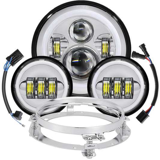 kekykm 7 Inch Motorcycle LED Headlight 4.5" Fog Passing Light Assembly for Harley Touring Softail Deluxe Road King Street Glide Road Glide Ultra Limited Tri Tour Models DRL Halo Ring Angel Eye Chrome