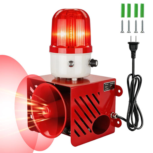 AC110V 120dB Industrial Siren Alarm Strobe Light Waterproof Red Warning Beacon Adjustable Volume Plug-in Manual Control for Indoor Outdoor Security,Factory,Garage (AC110V Red)