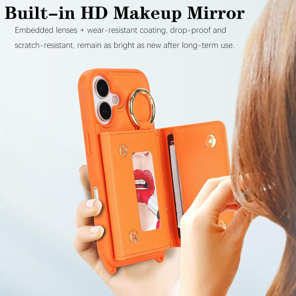 DEYHU 16 6.1 inch for iPhone Case with Card Holder and Strap for Women,Crossbody Lanyard, Make Up Mirror,Ring