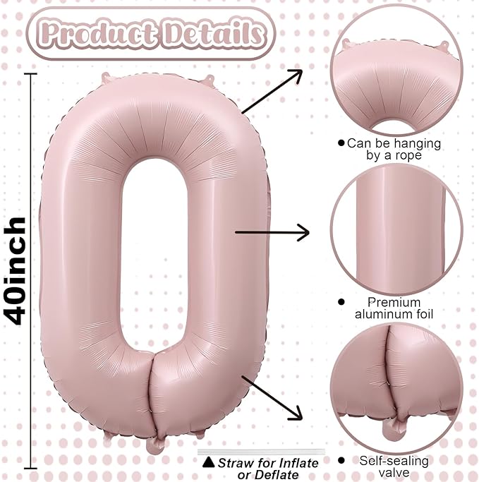 40 Inch Balloon Number 0 Pastel Pink, Large Foil Dusty Retro Pink Number Balloons Set 0-9 for Girls, 0 Helium Balloon for Boho Women Birthday Anniversary Graduation New Year Party Decoration Supplies