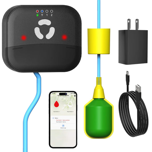 LUCKYDUO WiFi High/Low Sump Pump Alarm, Built-in Backup Battery, Smart Water Level Alert with App Notification,Water Lever Sensor Detector with 10ft Tethered Float Switch,110dB Loud Alarm,LED Flashing